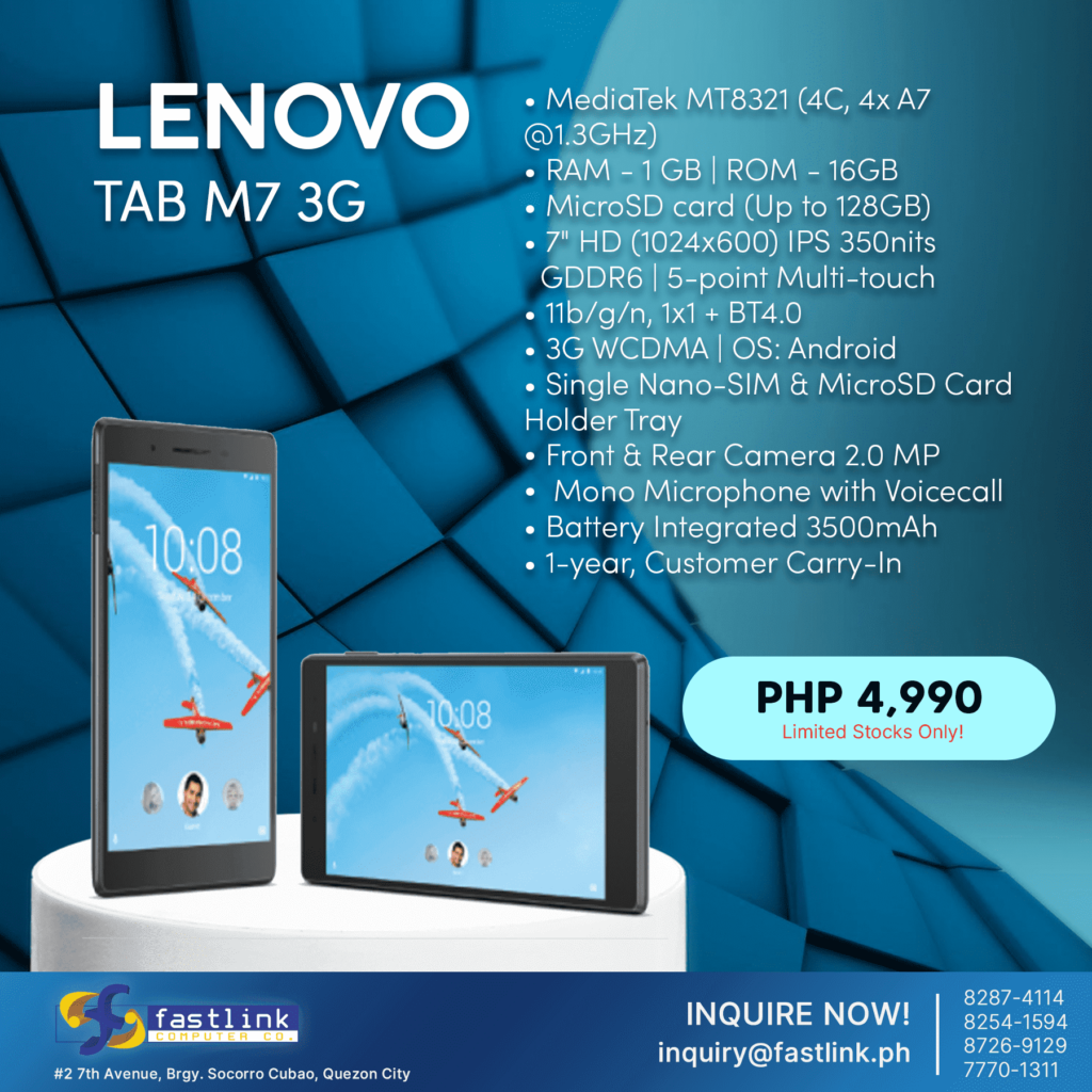 Fastlink collateral promoting their Lenovo Tab M7 36, stating its features.