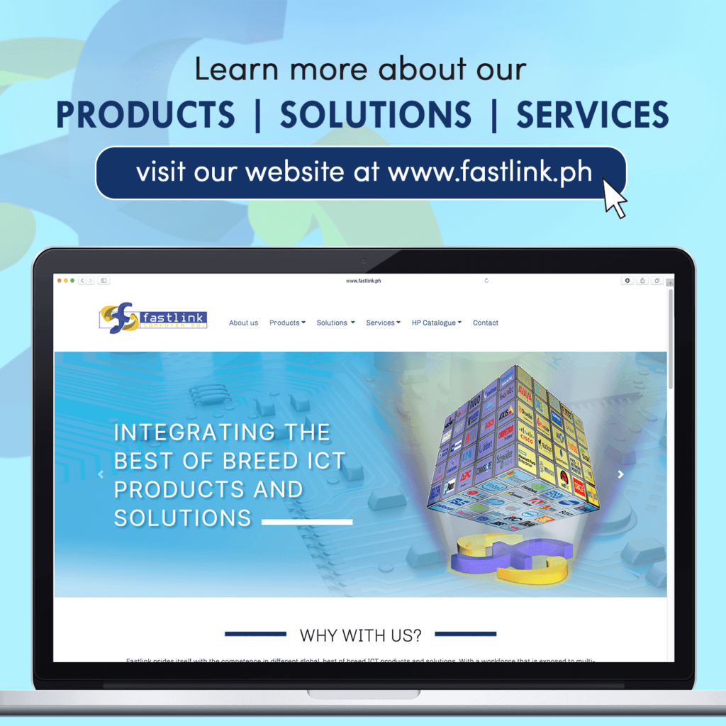 Collateral promoting Fastlink's products, solutions, and services, while showing a preview of their website's home page.